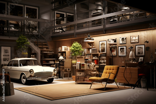 car garage stylee lover interior design livingroom, car enthusiast interior apartment, interior design apartment