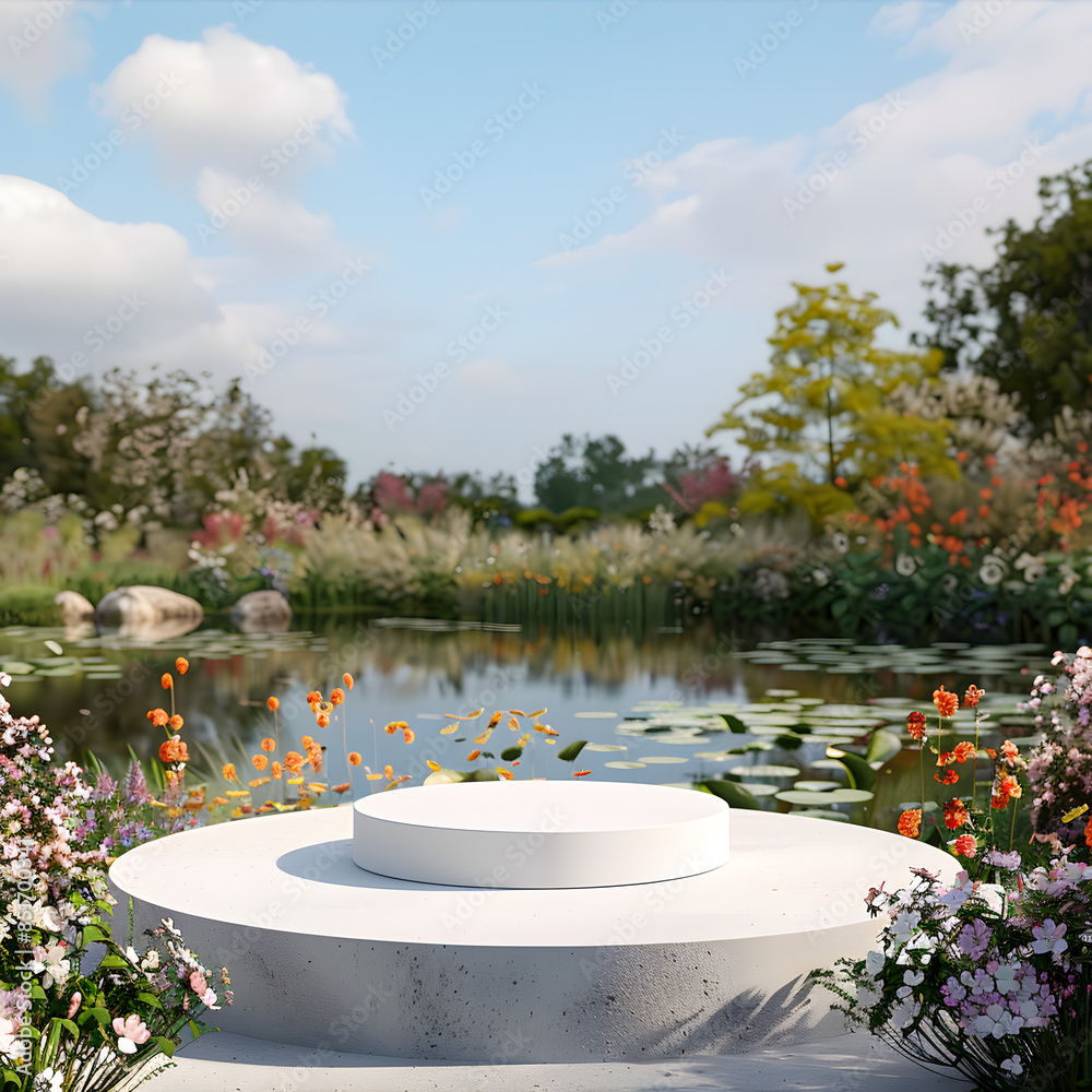 Fototapeta premium White Podium in Botanical Paradise - Round Display Stand Surrounded by Exotic Flowers and Ponds under Clear Skies in Garden Setting