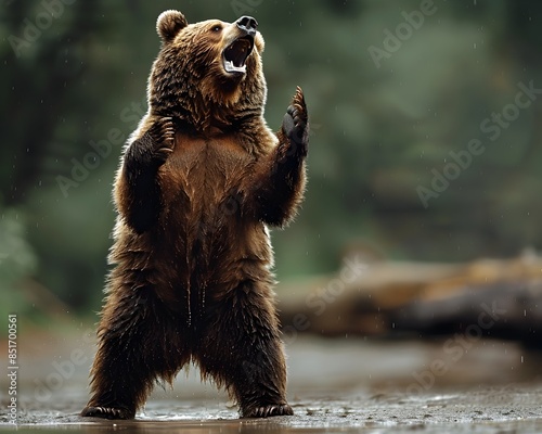 Powerful Grizzly Bear Roaring While Standing on Hind Legs in Wild Forest Habitat