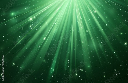 Glowing green light rays background with stars on dark green background