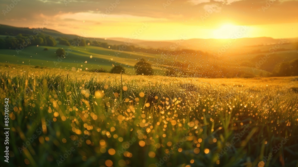 Obraz premium A captivating image of a lush grass field set against a backdrop of green hills. The warm light of the setting sun casts a golden hue over the scene, with pollen particles clearly visible, creating a