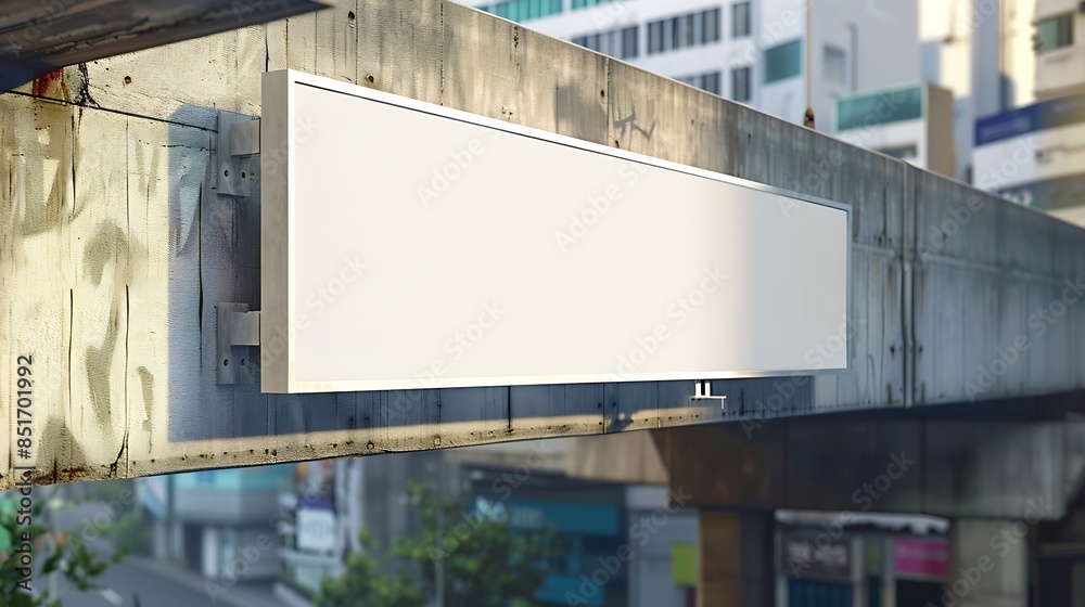 Long white empty signboard hanging on concrete urban bridge for commercial information and advertise message : Generative AI Long white empty signboard hanging on concrete urban bridge for commercial information and advertise message : Generative AI