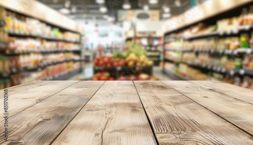 empty wooden table with blurred grocery store background product display mockup © furyon