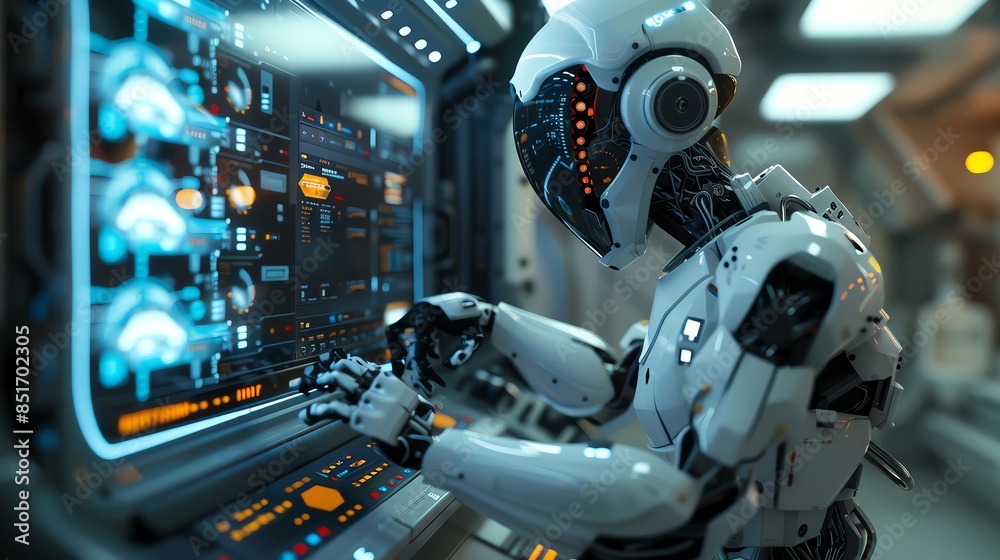 Futuristic android robot IT technician fixing a computer in a modern office, detailed equipment and environment, photorealistic human job setting