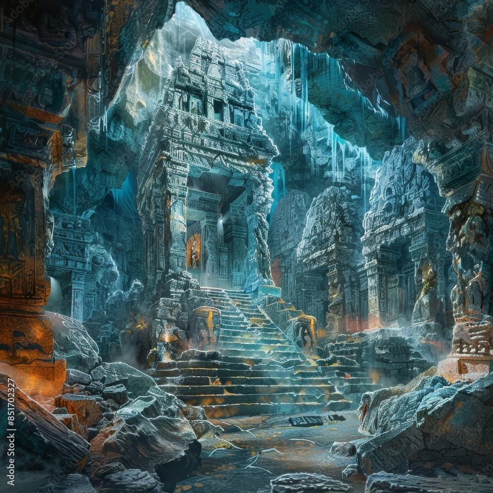 Obraz premium Mysterious ancient temple illuminated by ethereal light in a mystical cave setting
