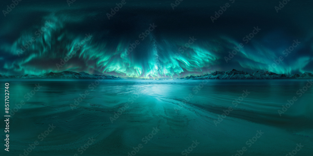 Fototapeta premium Northern lights 8K VR 360 Spherical Panorama aerial view