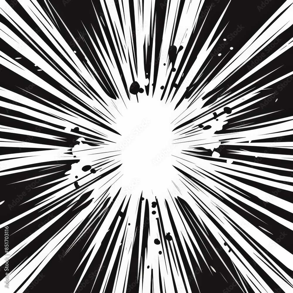 Obraz premium Dynamic black and white comic book style explosion background with radial lines and ink splatters, perfect for dramatic impact scenes.