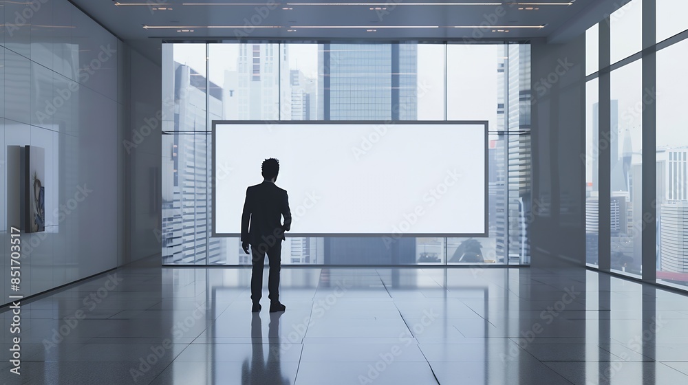 Fototapeta premium Businessman in black suit goes by blank white poster on the wall in the center of empty spacious hall with city view : Generative AI