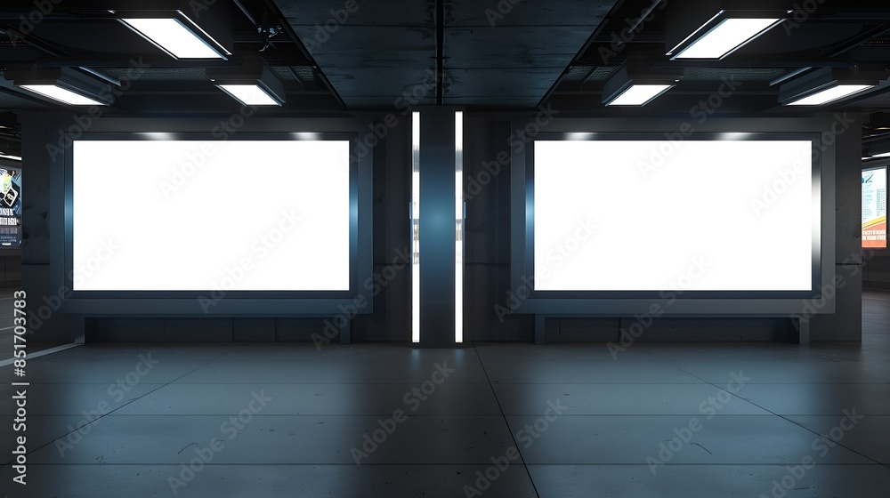 Two indoor outdoor city light mall shop template Blank billboard mock up in a subway station underground interior Urban light box inside advertisement metro airport vertical : Generative AI Two indoor outdoor city light mall shop template Blank billboard mock up in a subway station underground interior Urban light box inside advertisement metro airport vertical : Generative AI