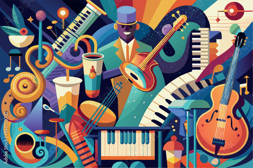 illustration of a jazz ensemble of musicians.  This image conveys the energy of live jazz music through its dynamic composition and use of bright colors.