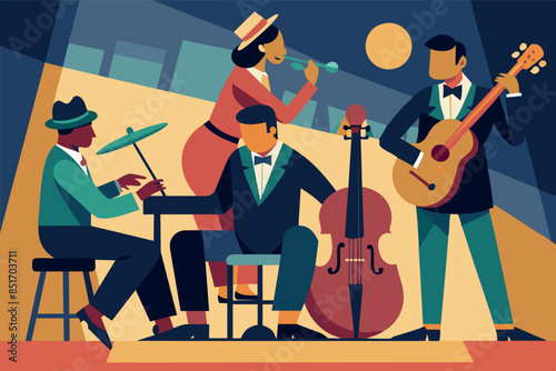 a jazz band consisting of: a drummer, a double bassist, a guitarist and a singer. They are performing on an indoor stage with lighting to create the atmosphere of an evening concert.