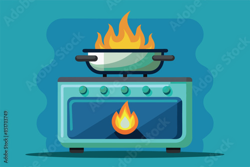 there is a pot standing on the gas stove, flames and fire bursting out from under and on top of it, indicating that the contents of the pot have boiled over and caught fire. kitchen safety issues, fir