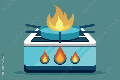 there is a pot standing on the gas stove, flames and fire bursting out from under and on top of it, indicating that the contents of the pot have boiled over and caught fire. kitchen safety issues, fir