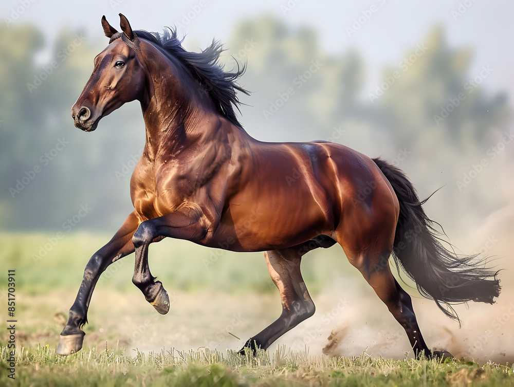 Fototapeta premium Majestic Horse Galloping in Rural Farm Field - 8K Nature Photography