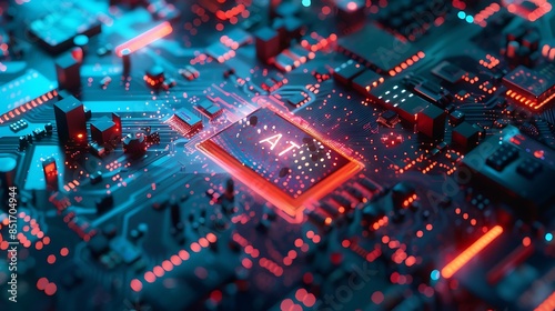 AI Circuit Board - Futuristic Electronic Microchip with Glowing Lights © abangaboy