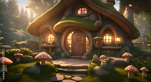 A fairytale forest cottage with a mushroom