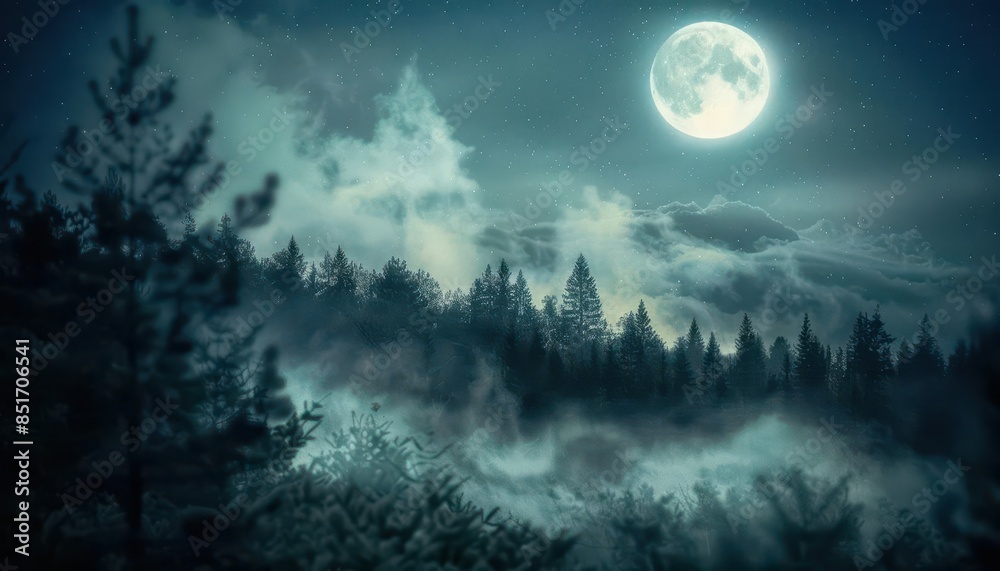 ethereal fogshrouded forest under moonlit sky creating spooky bokeh effect ethereal fogshrouded forest under moonlit sky creating spooky bokeh effect