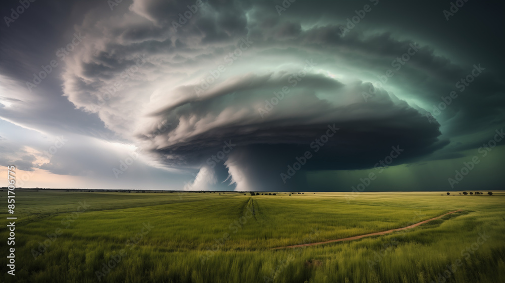 Majestic Supercell Storm Looming Over Vast Green Fields Majestic Supercell Storm Looming Over Vast Green Fields