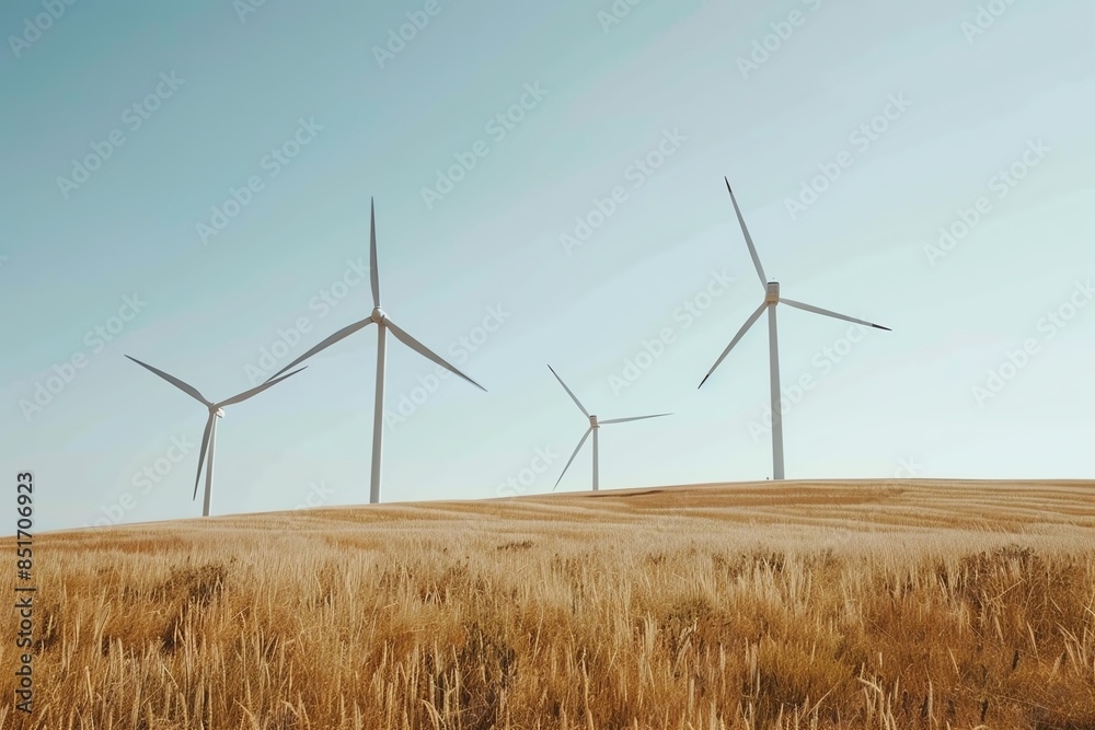 Fototapeta premium Wind turbines on a vast field of golden wheat under a clear blue sky, symbolizing renewable energy and sustainable agriculture.