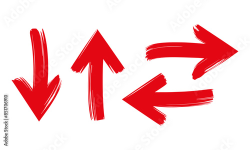 Set of hand drawn Red Arrow Brush. Grunge arrow paint different direction vector illustration