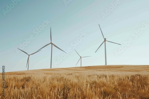 Wind turbines on a vast field of golden wheat under a clear blue sky, symbolizing renewable energy and sustainable agriculture. © Suritong