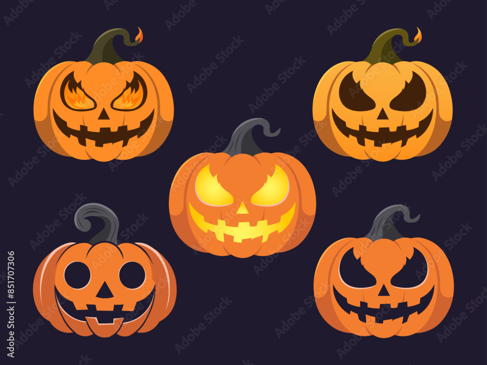 Set of Halloween Pumpkins. Cheerful Jack-o'-Lantern, sinister, glowing pumpkin vector illustration Set of Halloween Pumpkins. Cheerful Jack-o'-Lantern, sinister, glowing pumpkin vector illustration