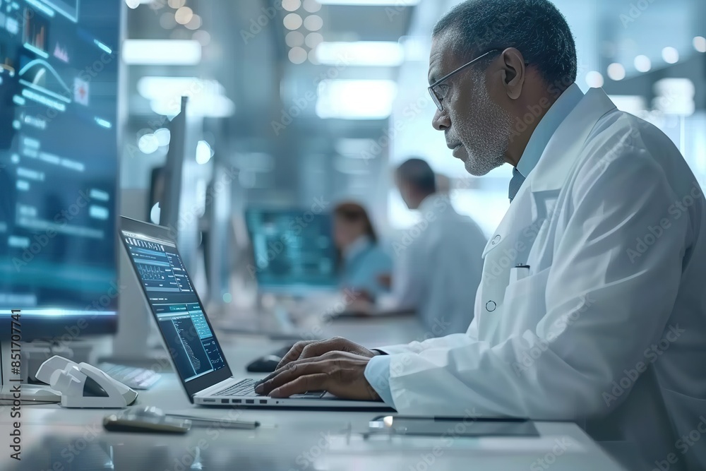 Doctor Analyzing Medical Data on Laptop in Modern Facility Doctor Analyzing Medical Data on Laptop in Modern Facility