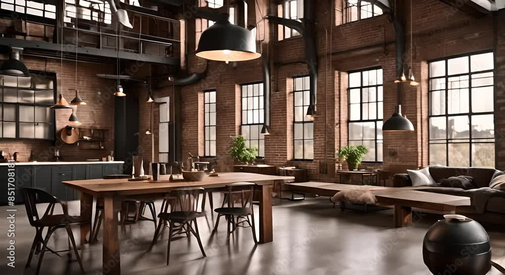 Industrial style cafe with wooden tables and chairs furniture and kitchen