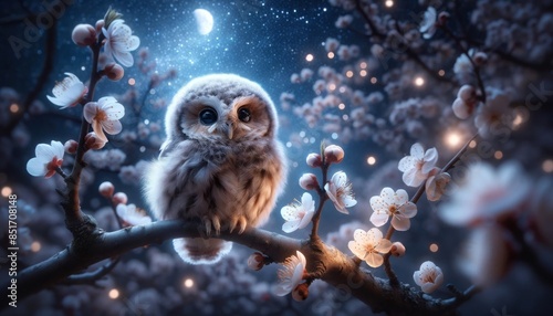 A serene, whimsical close-up image of a small, fluffy owlet perched on a branch surrounded by night blossoms under a starry sky. photo