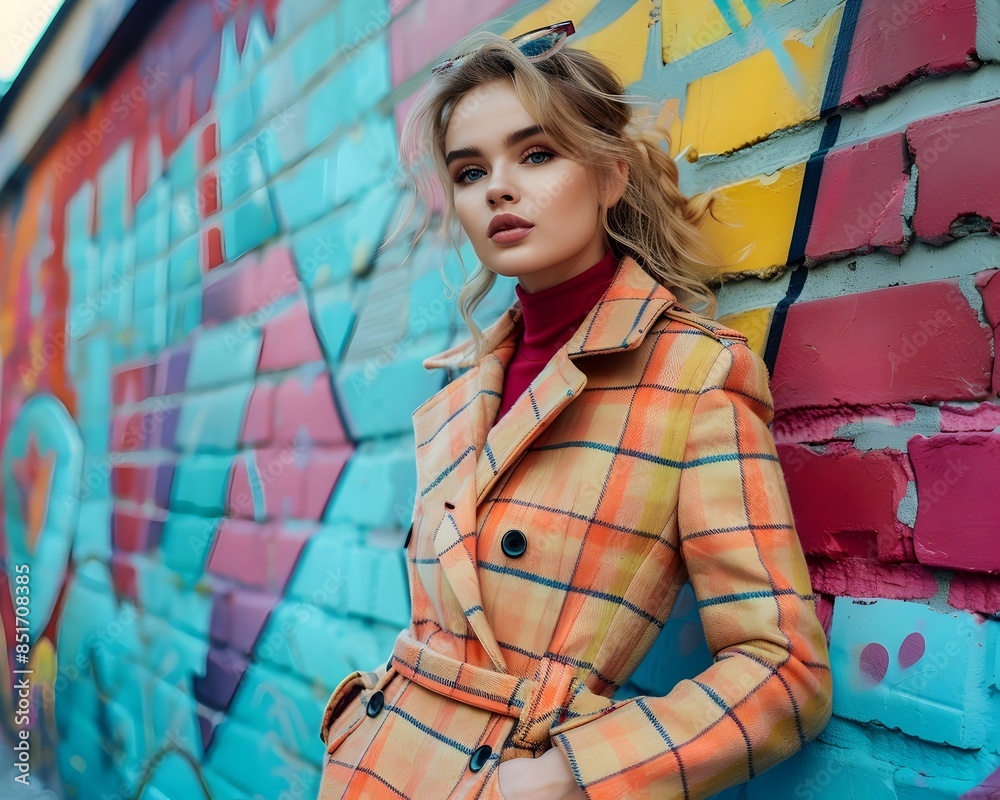 Fashionista Posing Against Vibrant Graphic Mural in Colorful Coat Fashionista Posing Against Vibrant Graphic Mural in Colorful Coat