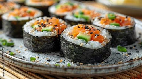 Wallpaper Mural A plate of sushi with salmon, avocado, and cucumber. The sushi is topped with sesame seeds and served with soy sauce and chopsticks. Torontodigital.ca