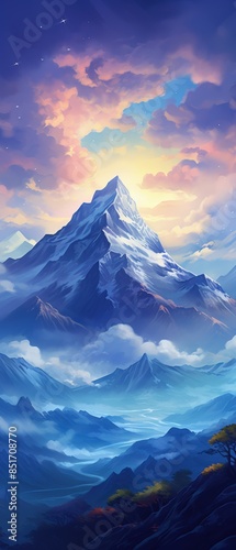 Stunning digital painting of a majestic mountain peak under a colorful sky during sunset, with a serene atmospheric blue landscape in the foreground.