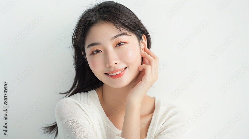 Beautiful Asian woman with flawless skin smiling and touching her face, isolated on a white background. Studio shot for beauty and spa services, showcasing perfect skin and happiness. Beautiful Asian woman with flawless skin smiling and touching her face, isolated on a white background. Studio shot for beauty and spa services, showcasing perfect skin and happiness.