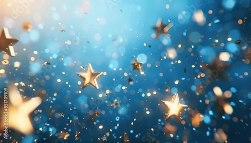 festive abstract blue background with golden stars and confetti celebration copy space 3d illustration