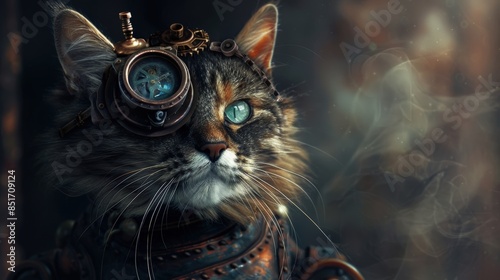 Steampunk cat in vintage gear with mechanical eye and smoky background. Perfect for sci-fi and fantasy themes. photo