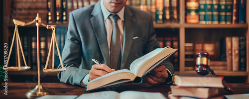 Lawyer reading law books in office