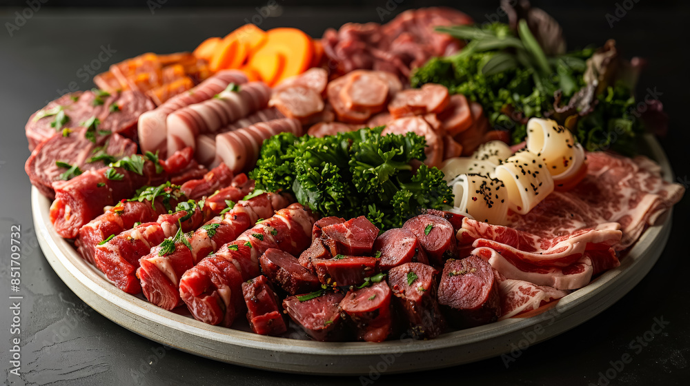 A white plate with a variety of meats and vegetables. The plate is full of different types of meat, including beef, ham, and chicken. There are also several vegetables, such as tomatoes, cucumbers A white plate with a variety of meats and vegetables. The plate is full of different types of meat, including beef, ham, and chicken. There are also several vegetables, such as tomatoes, cucumbers