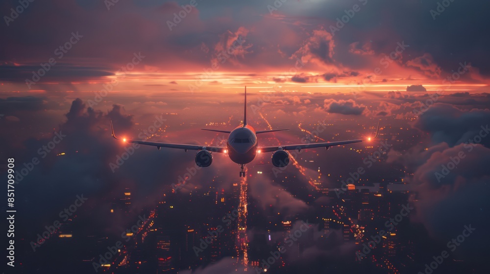 Naklejka premium Airplane Landing Over Cityscape at Sunset