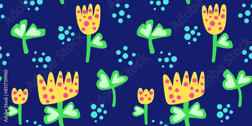 Children style floral doodle background, Vector seamless pattern. Abstract floral motif backgrounds.