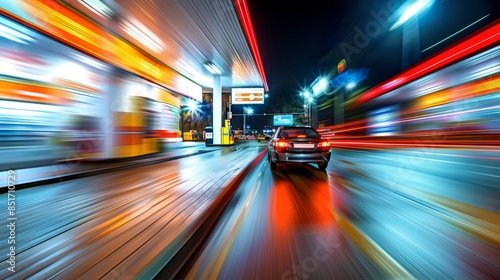 Urban Speed: Blurred Motion of Car Approaching Fuel Station at Night photo