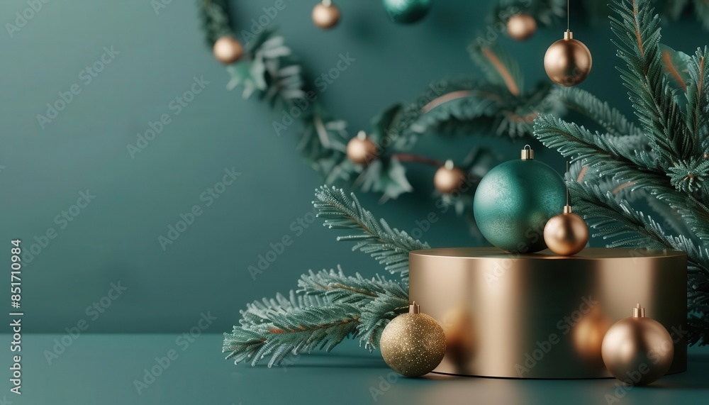 festive christmas podium display with gold pedestal and green branch 3d illustration festive christmas podium display with gold pedestal and green branch 3d illustration