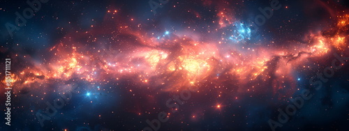 Deep space cosmic nebula with vibrant colors of orange, blue, and yellow. Banner with copy space. Stars and galaxies create inspiring universe view. Concept of science and space themes