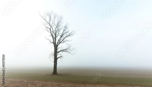 An old, leafless tree in a foggy field during early morning.