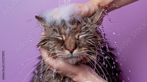 A cat being bathed, gentle shampoo, solid purple background, wet fur