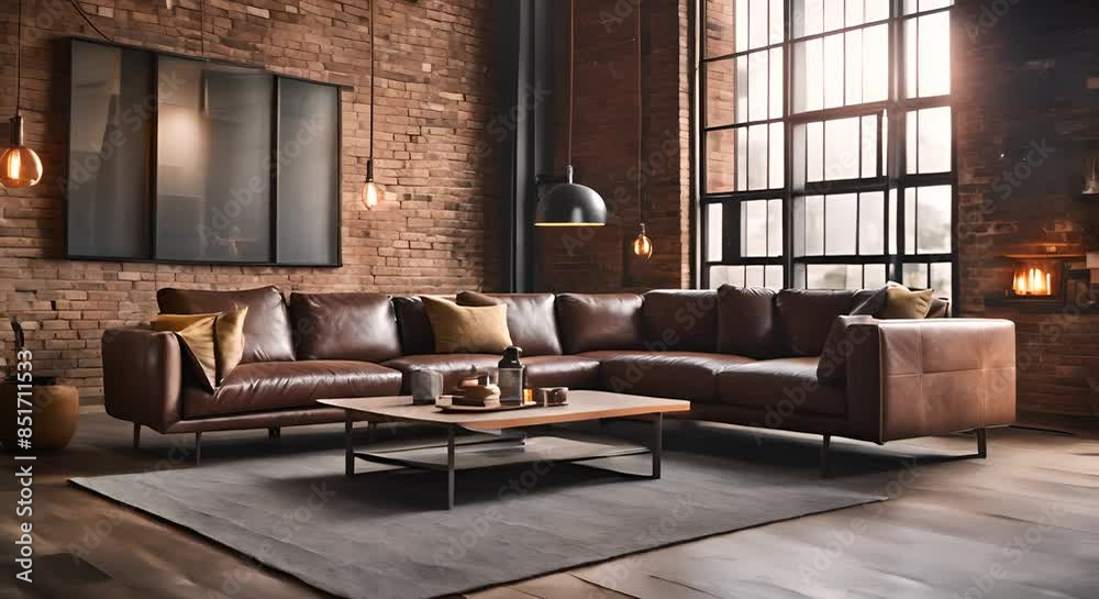 Industrial loft living room with large windows, exposed brick walls, contemporary furniture Industrial loft living room with large windows, exposed brick walls, contemporary furniture