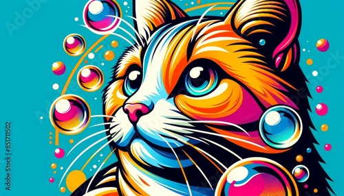 A close-up of a cat with bubbles of various sizes and colors floating around it.