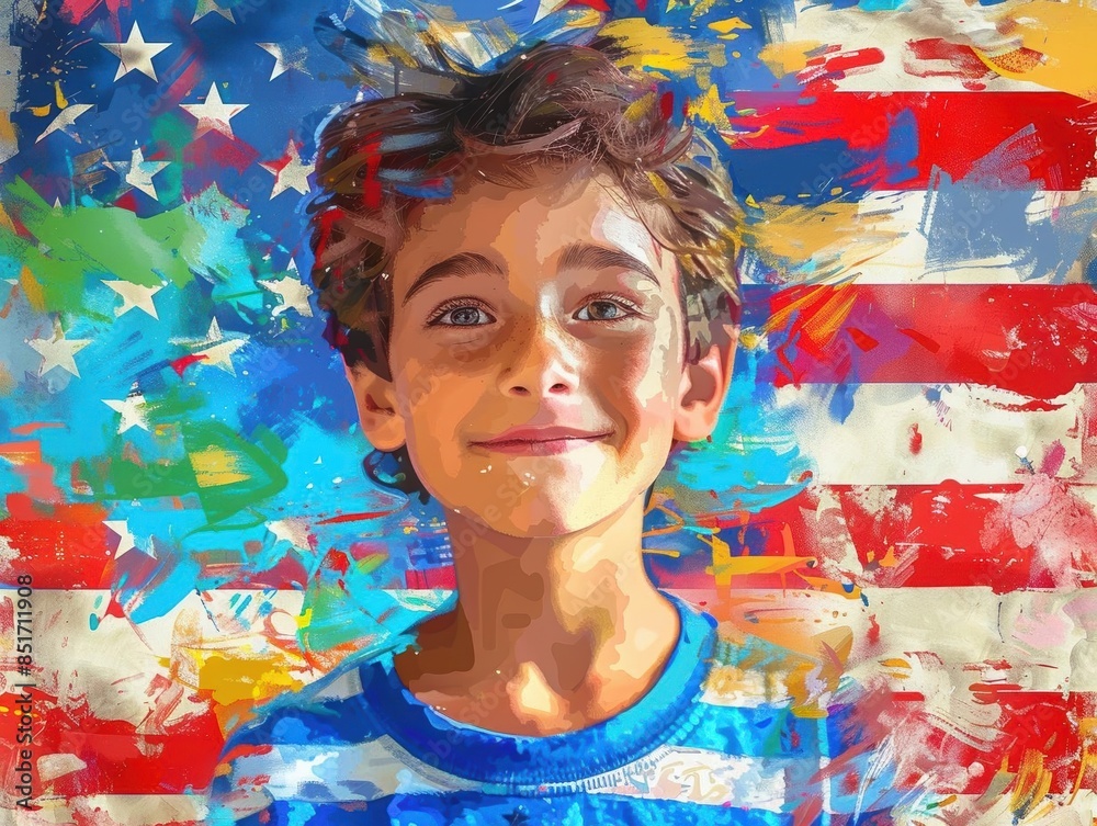 Obraz premium Boy with American flag, Independence Day celebration, midshot, vibrant colors, cheerful face, patriotic spirit, generative AI