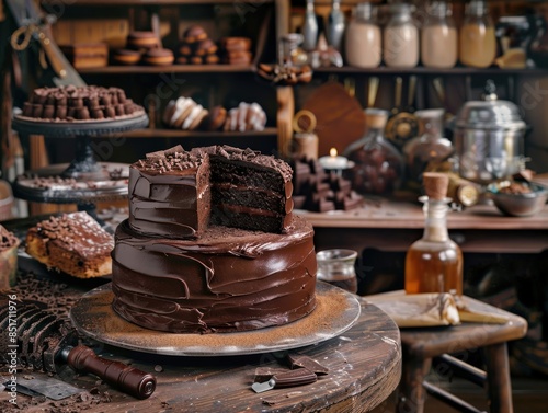 Rustic kitchen scene featuring a delicious double-layered chocolate cake with a slice removed, surrounded by various baking ingredients and utensils.