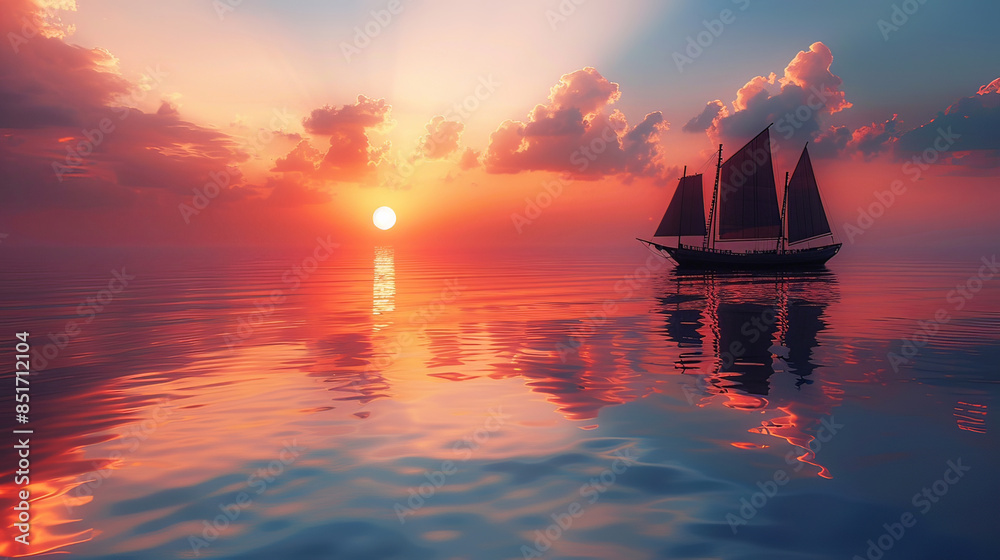 Fototapeta premium A large sailboat is sailing on a calm blue and red ocean at sunset