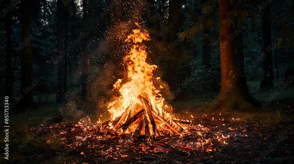 Nighttime forest with large fiery bonfire and sparking embers Nighttime forest with large fiery bonfire and sparking embers